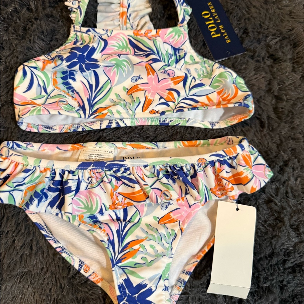 Ralph Lauren Girls' Floral Ruffle Two-Piece Bikini - Blue, Pink, Orange, Green